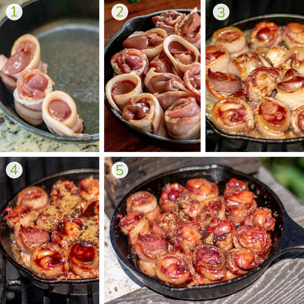 process photos showing wrapping the livers, adding them to a skillet, grilling, topping with brown sugar and serving.