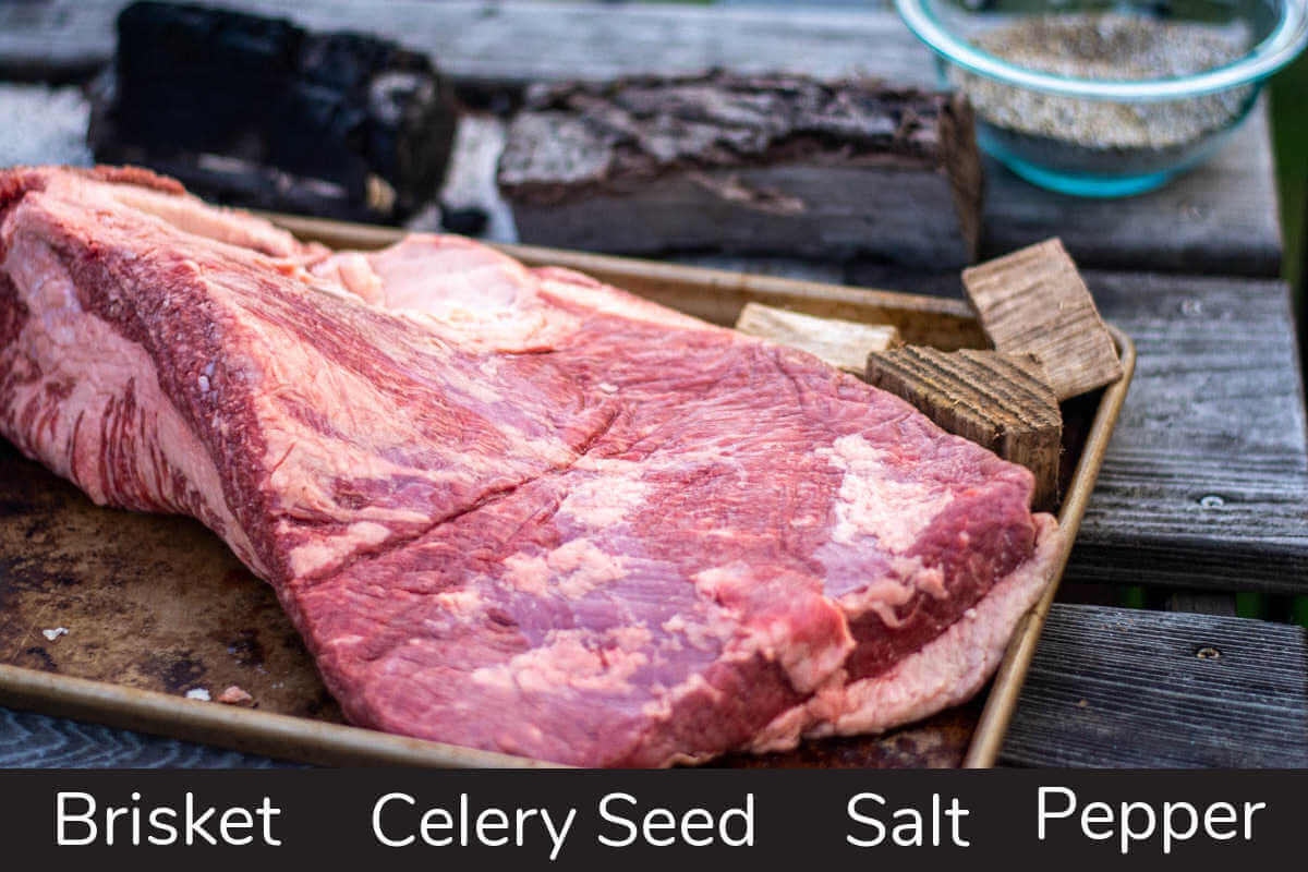 Ingredient photo showing the brisket and seasoning all with labels.