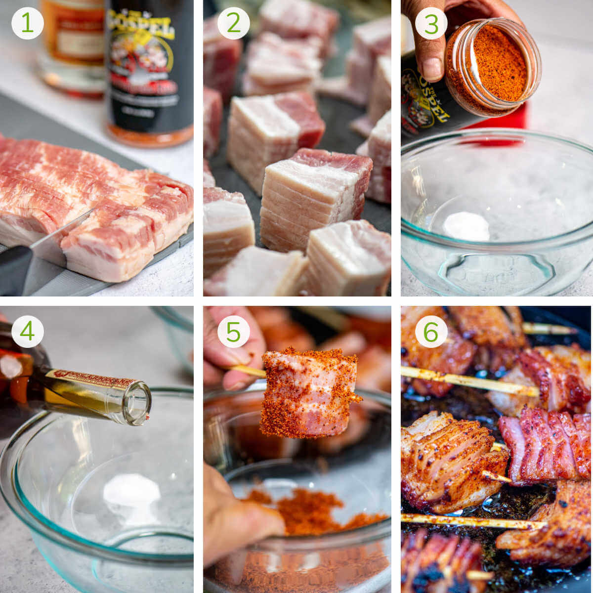 instruction photos showing cutting and stacking the bacon, adding BBQ rub and bourbon to bowls, dipping and grilling.