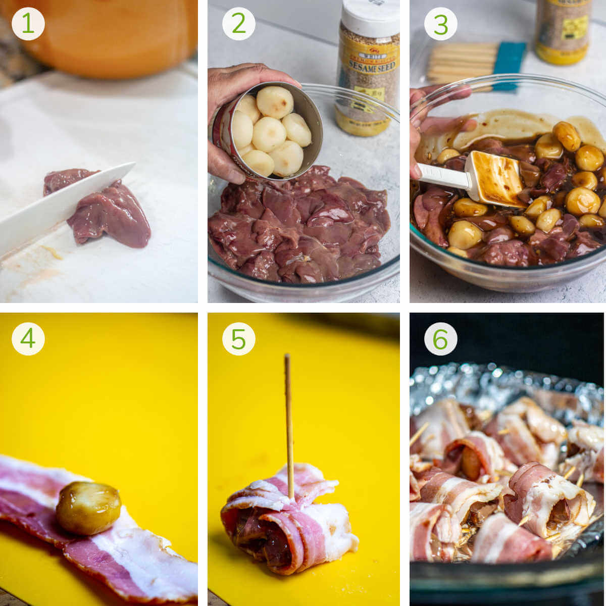 six photos showing how to prepare the livers and water chestnuts and grill them.