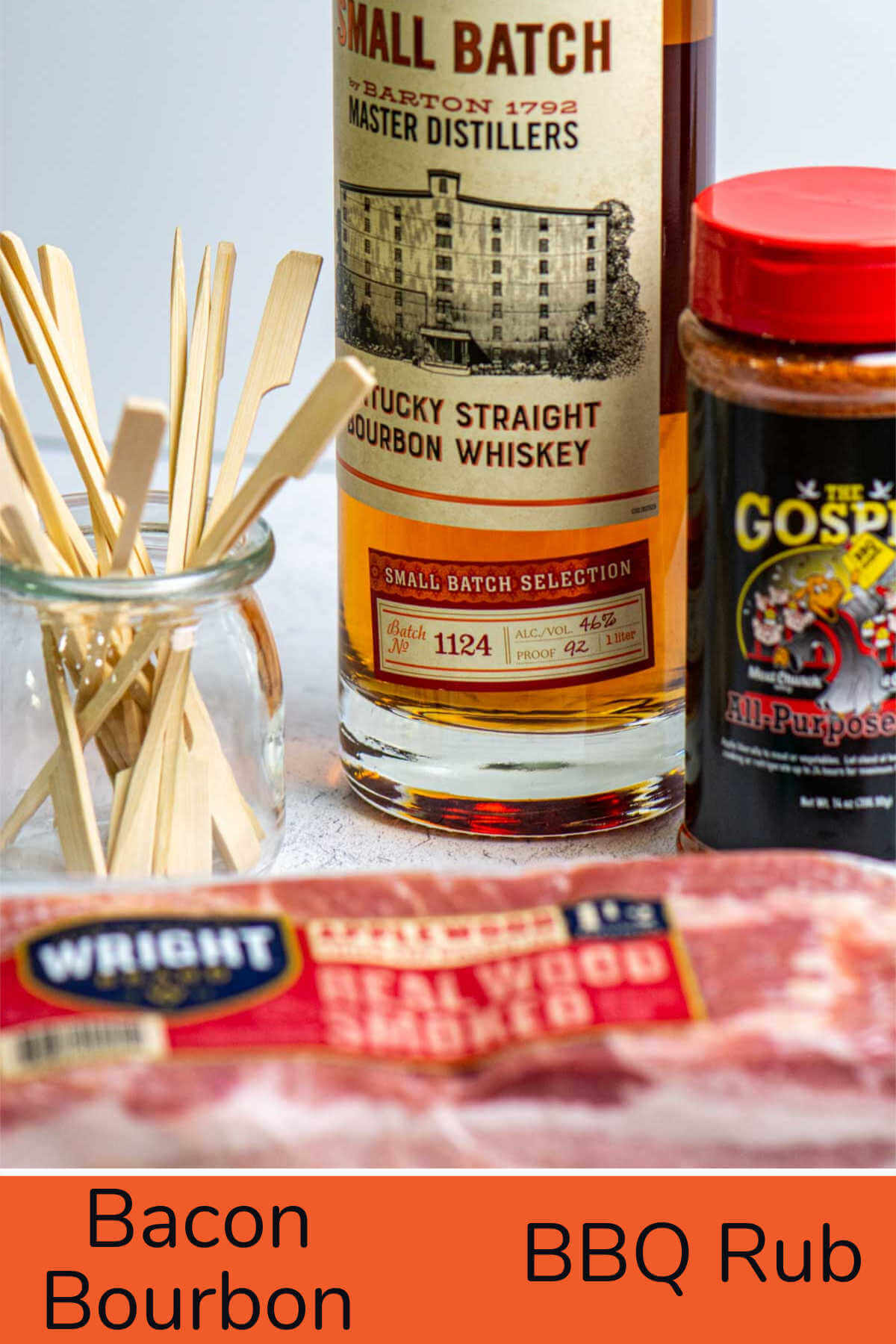 ingredient photo showing the bacon, dry rub and bourbon with labels.