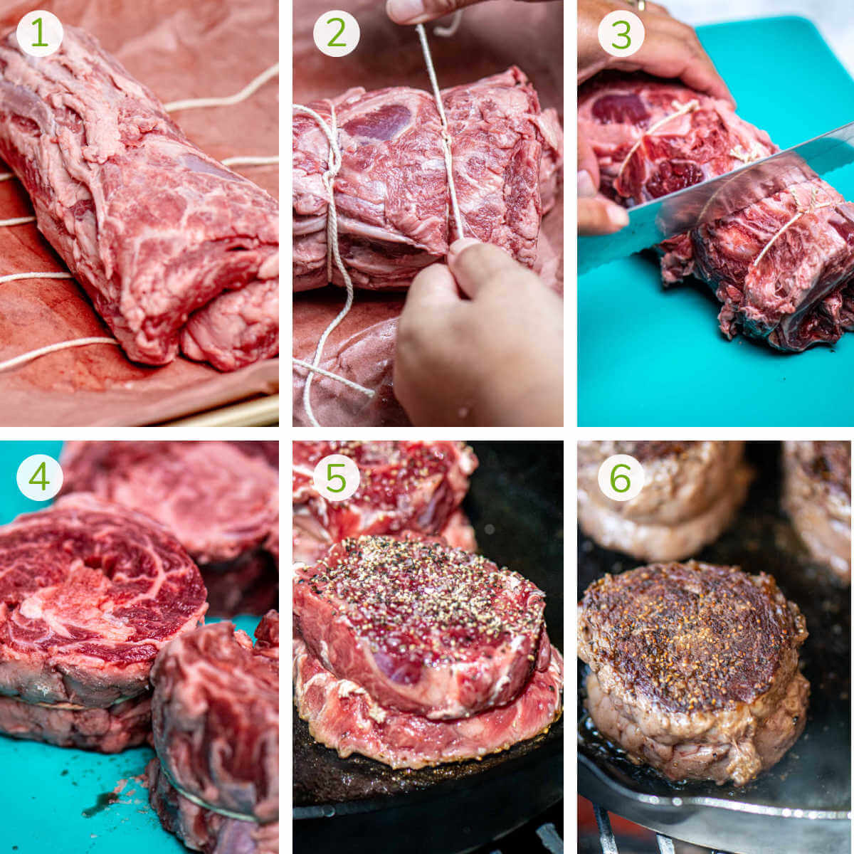 process photos showing how to truss the ribeye cap, slice it, and sear on a cast iron skillet.