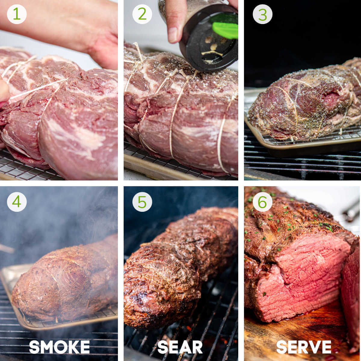 six process photos showing trussing, seasoning, smoking, searing and then slicing open to serve.