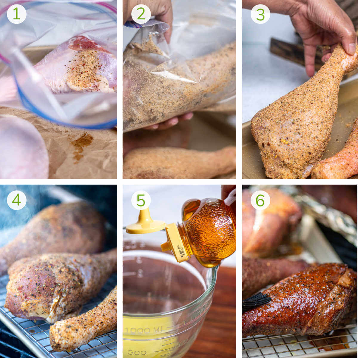 step by step photos showing adding the fry brine, letting it rest, smoking the legs and basting with a honey butter glaze.