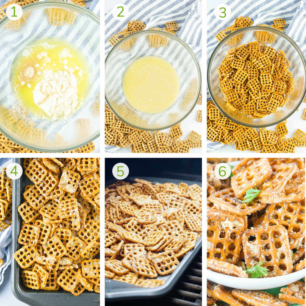 six photos showing how to prepare the seasoning, smoking and serving the pretzels.