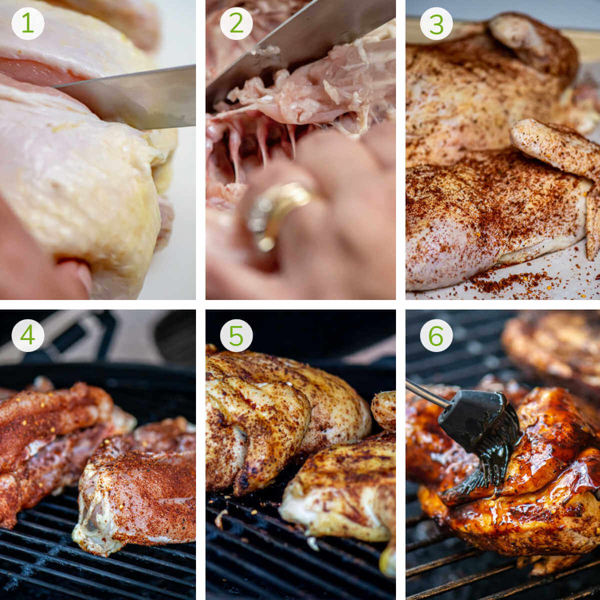 process photos showing how to cut the chicken in half, season it, grill, and brush with a homemade BBQ sauce.