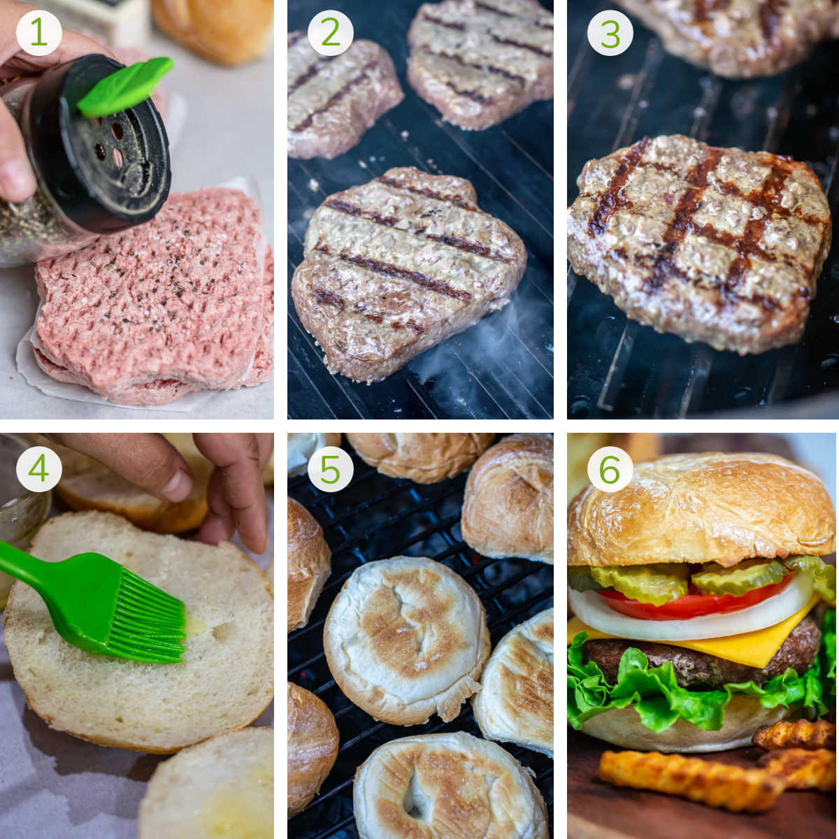 process photos showing seasoning the frozen patty, grilling it, toasting the bun and making the sandwich.