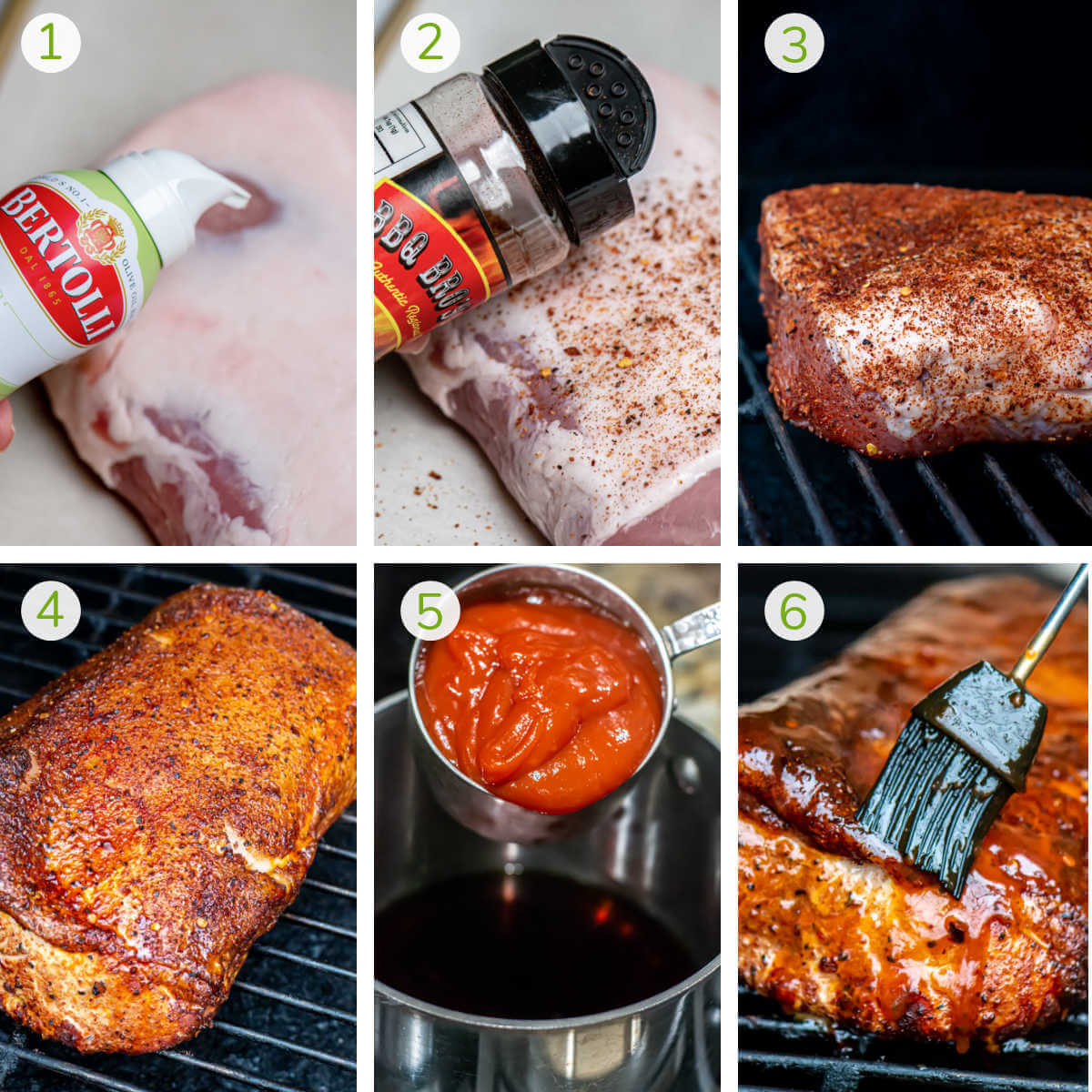 instruction photo for the smoked pork loin showing adding oil and rub, smoking, making the BBQ sauce and basting.