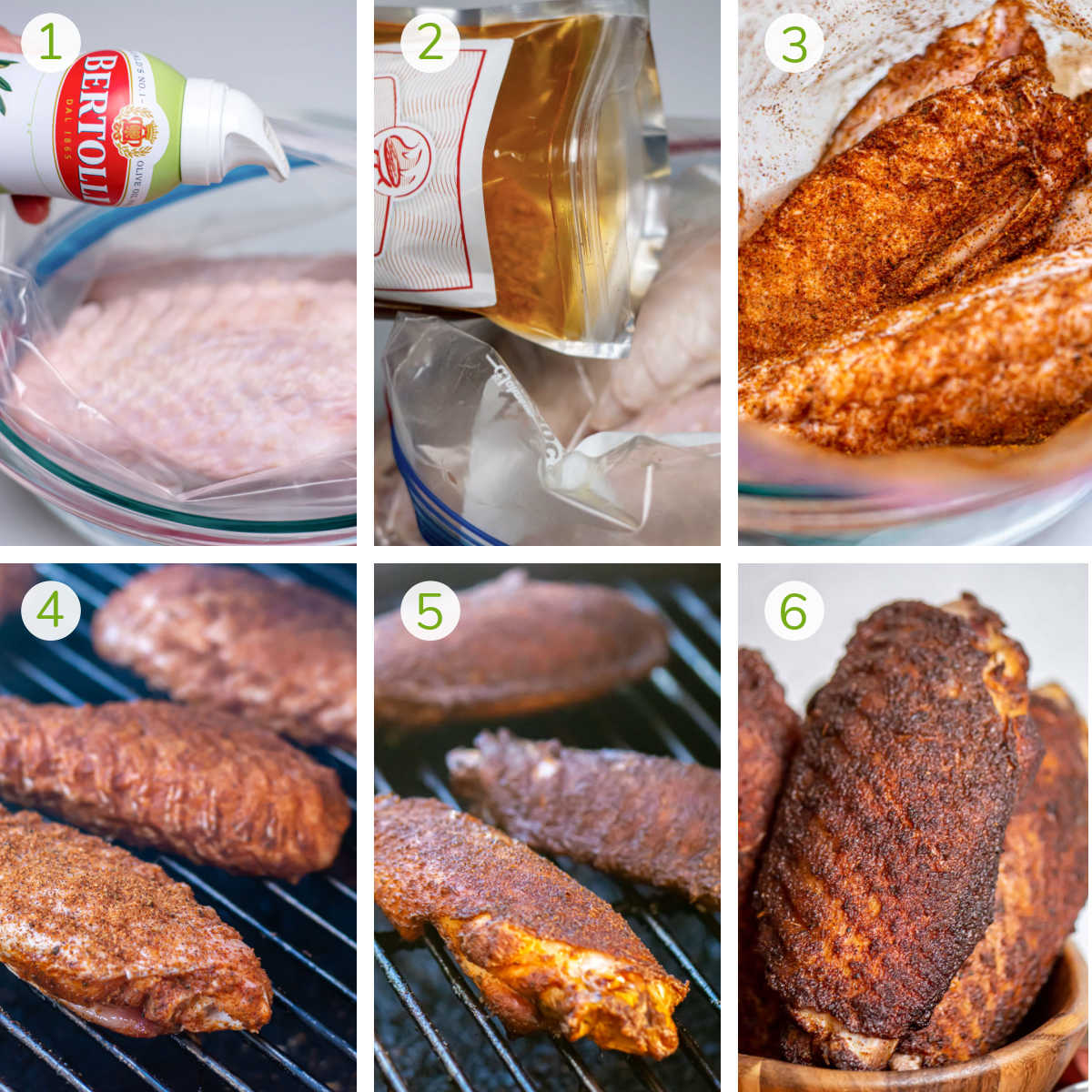 instruction photo showing adding oil and dry rub, smoking the turkey wings and then serving.