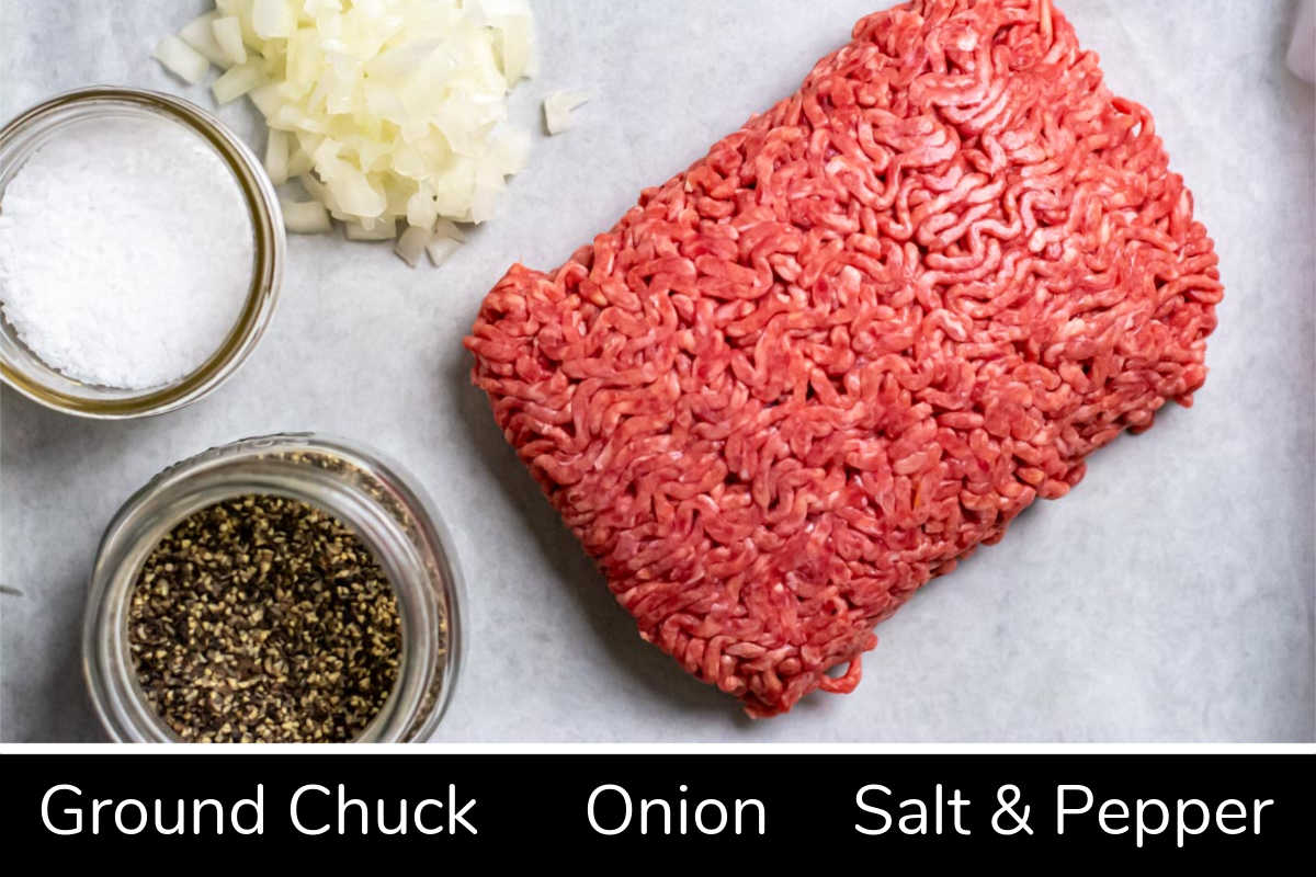 ingredient photo showing the ground chuck, chopped onion, and salt & pepper with labels.