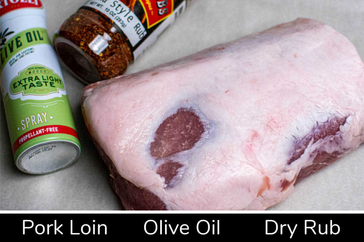 ingredient photo showing the pork loin, olive oil spray and a BBQ dry rub with labels.