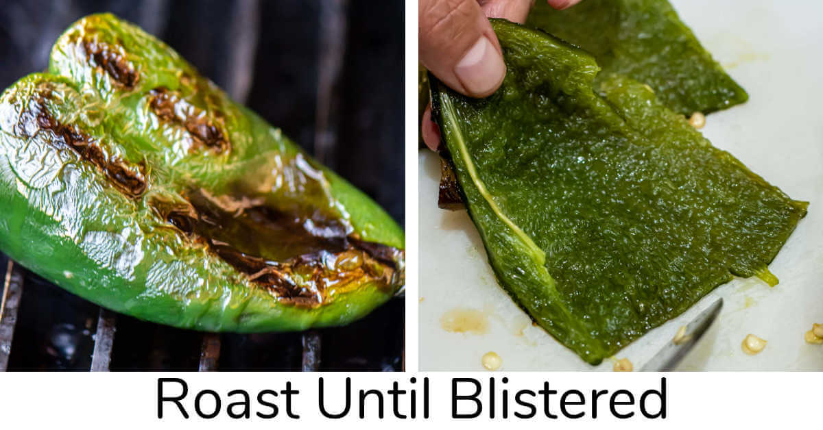 two photos showing roasting the poblano on the grill and then deseeding it and removing the skin.
