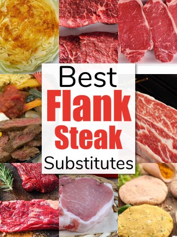 nine photos of different options for flank steak substitutes including a few vegan options.