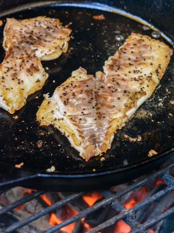 two fillets in a cast iron skillet over a hot grill.
