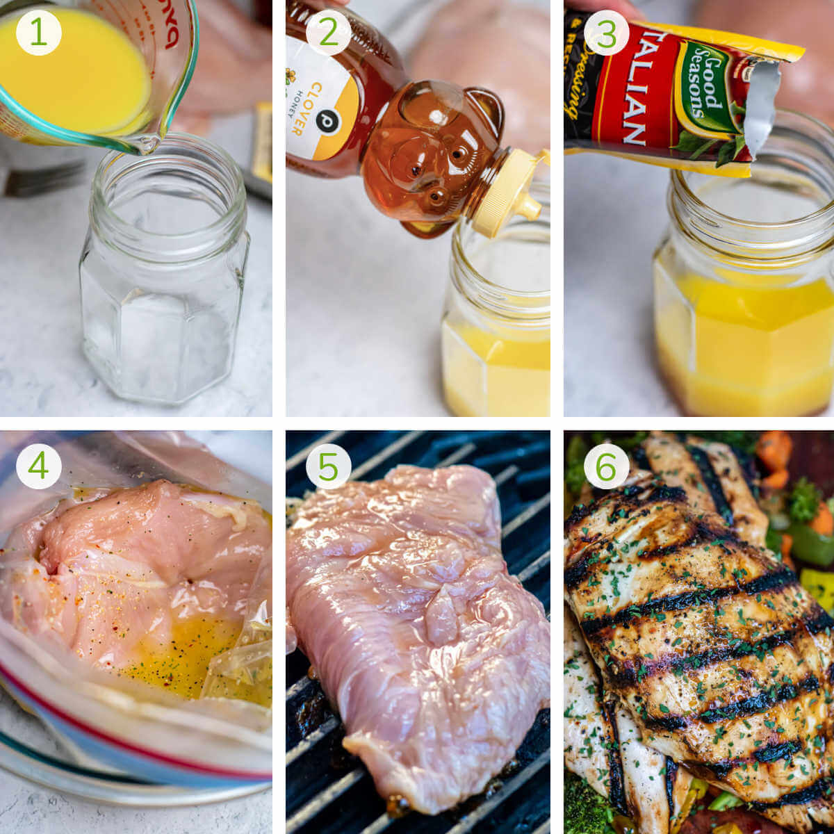 process photos showing how to make the marinade with honey, orange juice, and Italian seasoning and then grilling it.
