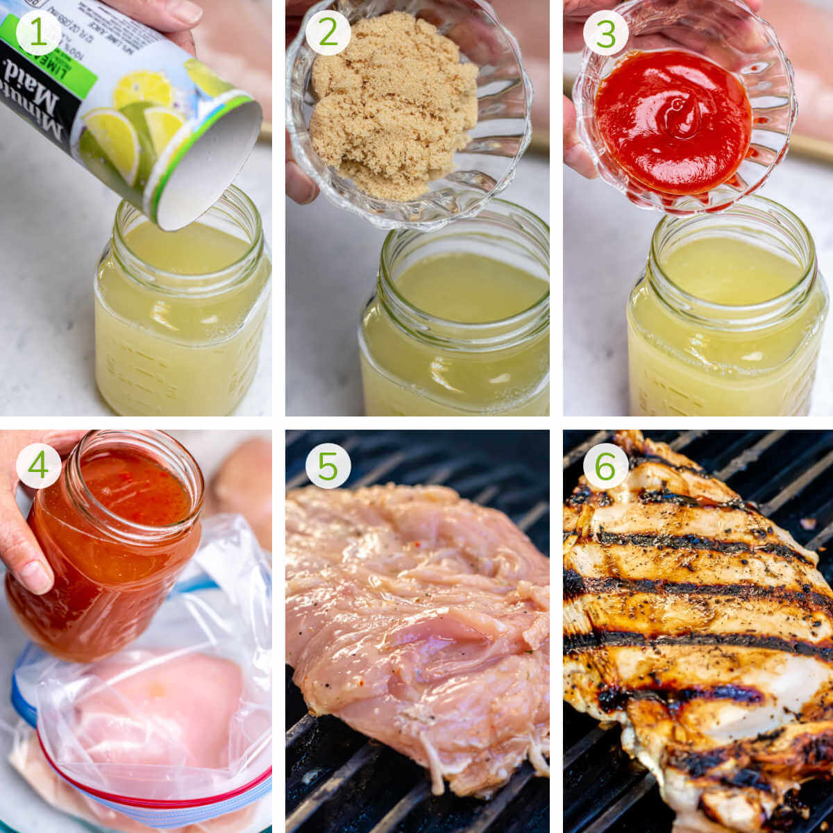 instruction photos showing adding the limeade, brown sugar, ketchup and marinating and grilling.