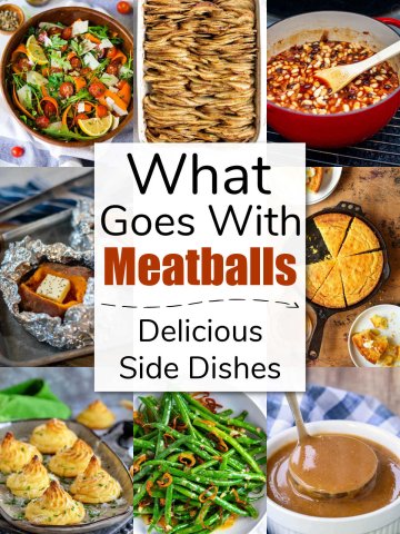 nine photos of different recipes that complement meatballs and a text box asking what goes with meatballs.