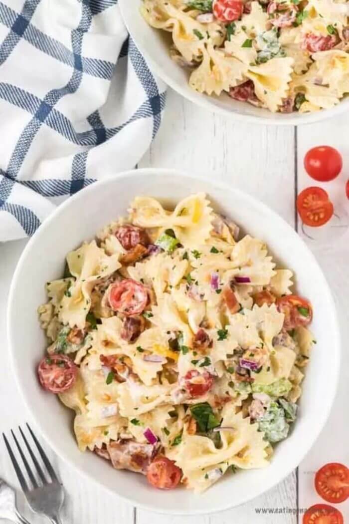 overhead shot of blt pasta salad