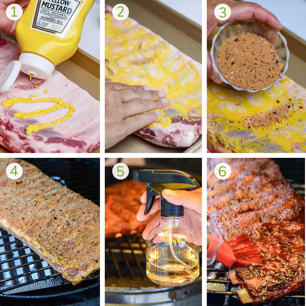 several instruction photos showing applying the binding agent, adding the dry rub, grilling, spritzing with vinegar and then basting with a BBQ sauce.
