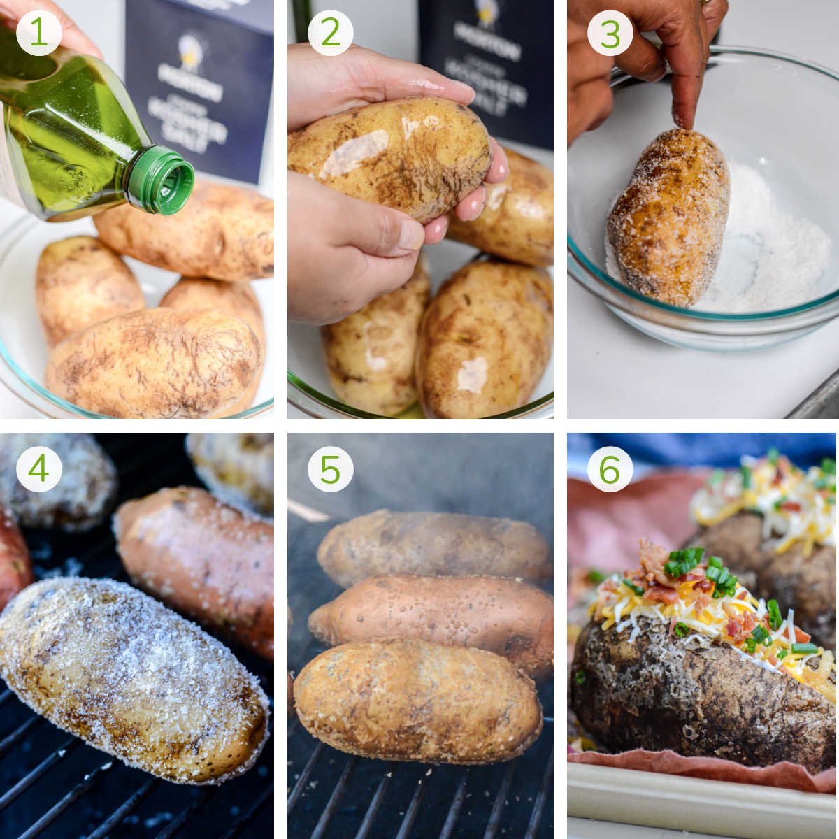 instruction photos showing oiling the potatoes, salting them, smoking and then adding all of the goodies for a fully loaded potato.