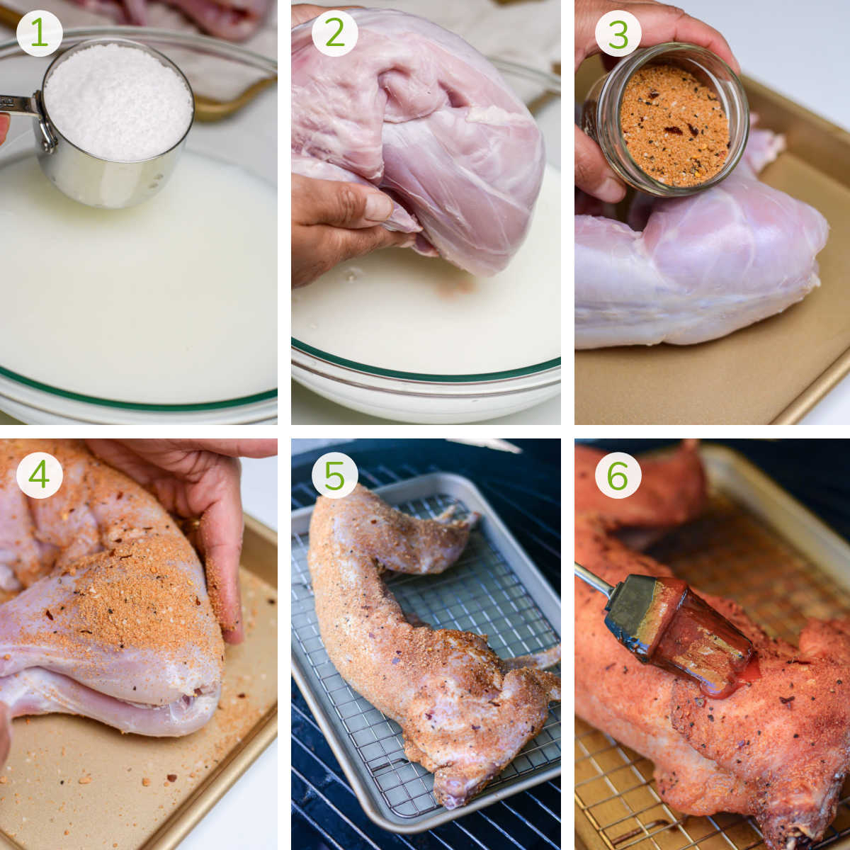 instruction photos showing making the buttermilk brine, adding the rabbit, drying and seasoning it, and then smoking with a nice BBQ sauce finish.