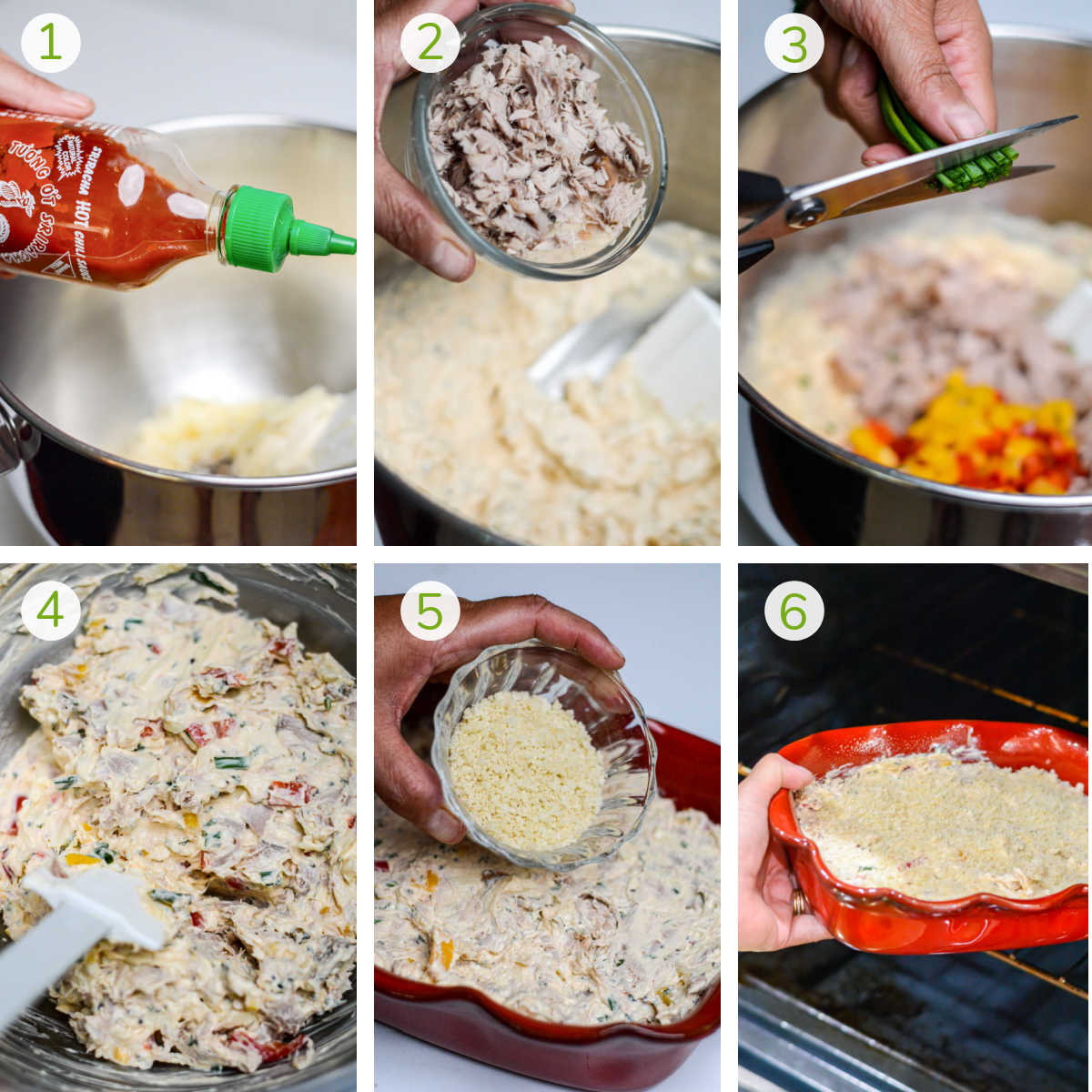 instruction photos showing adding the ingredients to a large bowl, mixing, adding to baking dish and adding the smoked tuna dip to the oven.