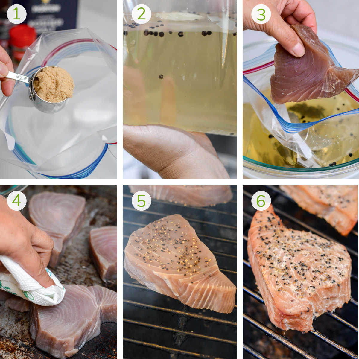 instruction photos showing adding the ingredients to the brine, mixing it, and then smoking the tuna steaks.