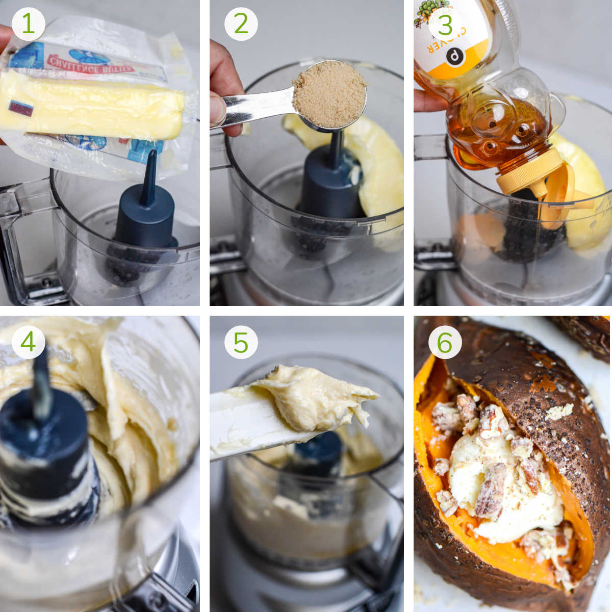 six process photos showing adding the butter, brown sugar and honey to a food processor to make whipped honey butter.