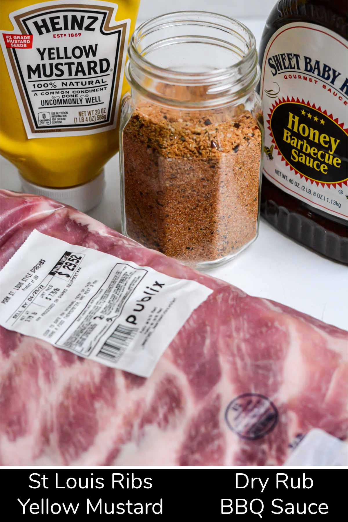 ingredient photo showing the St. Louis ribs, yellow mustard, dry rub and BBQ sauce.