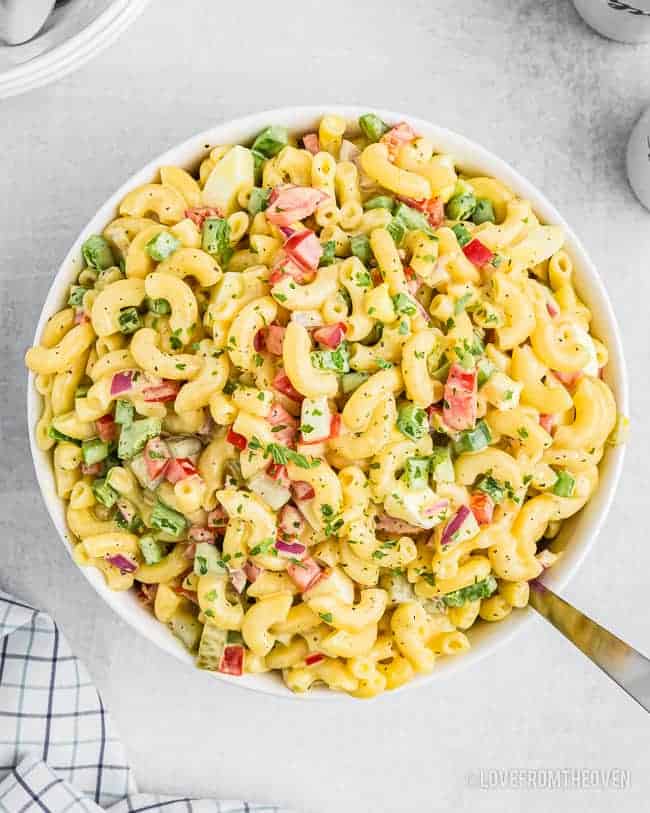 macaroni salad ready to serve in a bowl