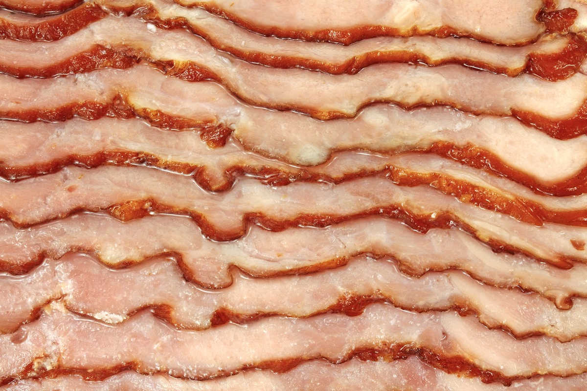 closeup of layers of turkey bacon.