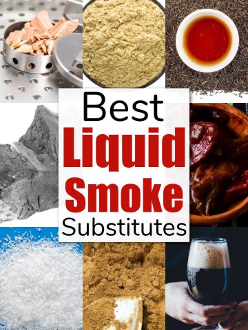 eight photos of alternatives to using liquid smoke with a text box that reads the same.