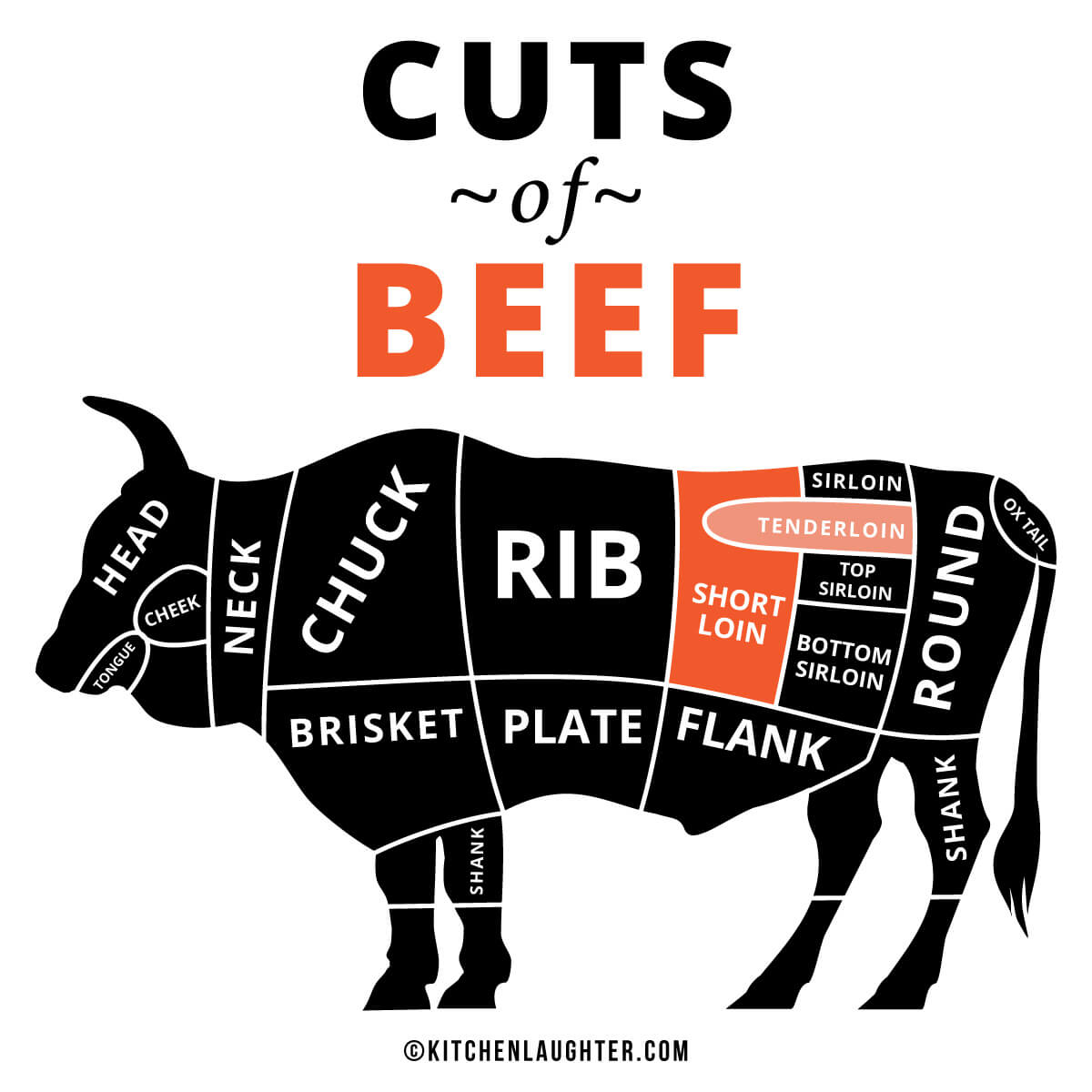 Image of beef cuts with short loin and tenderloin highlighted.