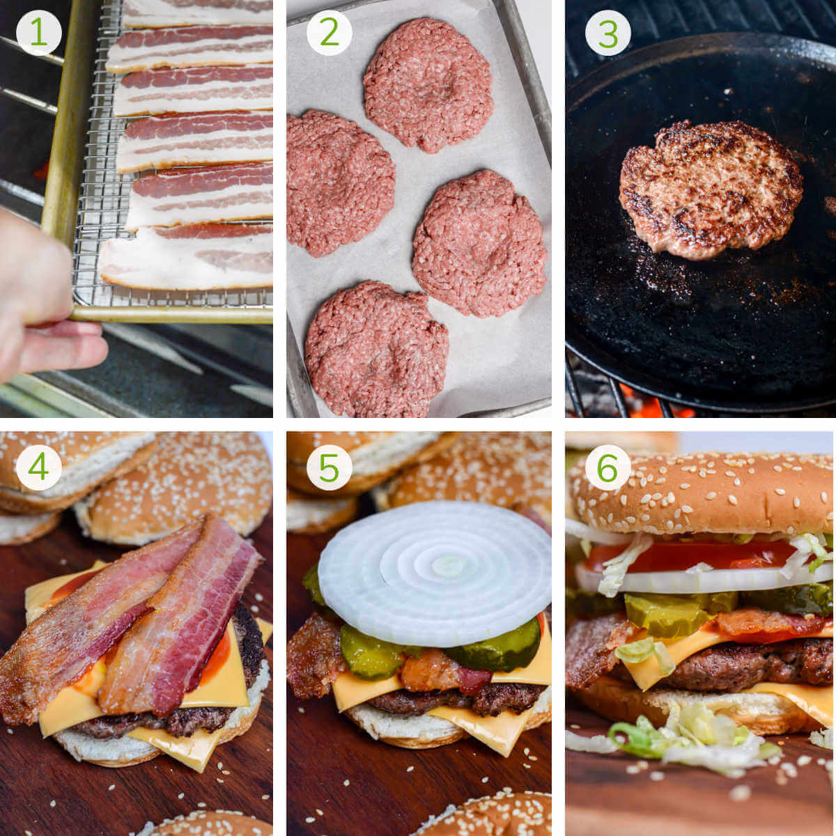 instruction photos showing how to cook the bacon, prepare the patty, and assemble the burger.