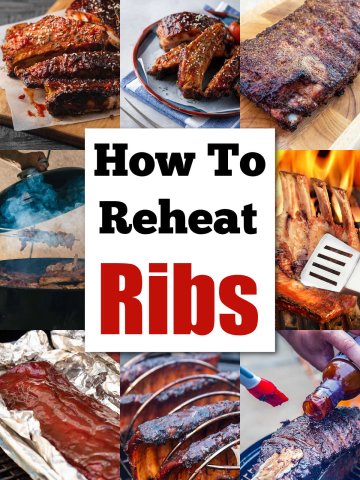 eight photos of different stages of cooking ribs and a text box noting how to reheat them safely.