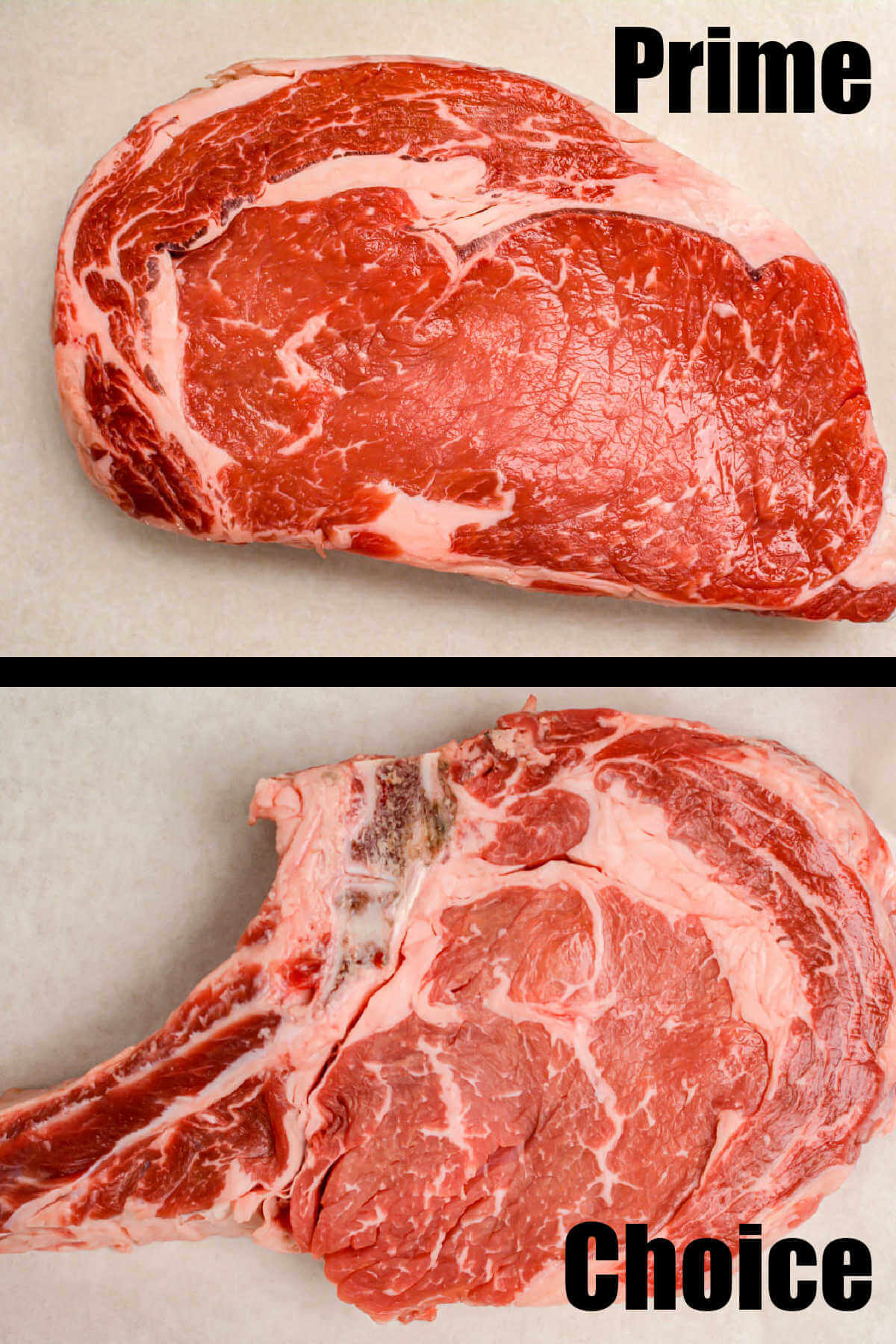 photo of a Delmonico steak with a prime grading and a choice ribeye.