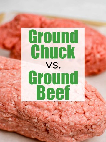 ground chuck and beef on a sheet pan with a text box comparing the two.