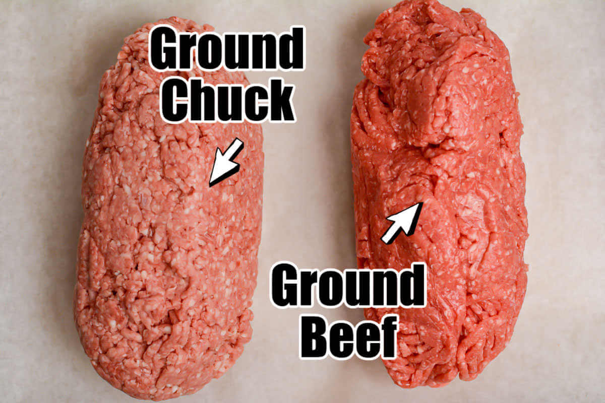 side by side showing chuck vs beef with text overlay showing chuck on the left and beef on the right.