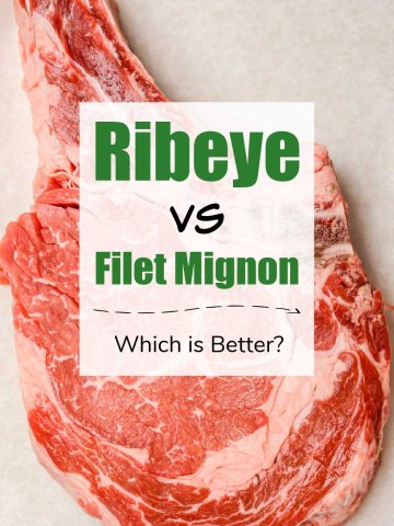 closeup of a bone-in ribeye with a text box noting the comparison to filet.