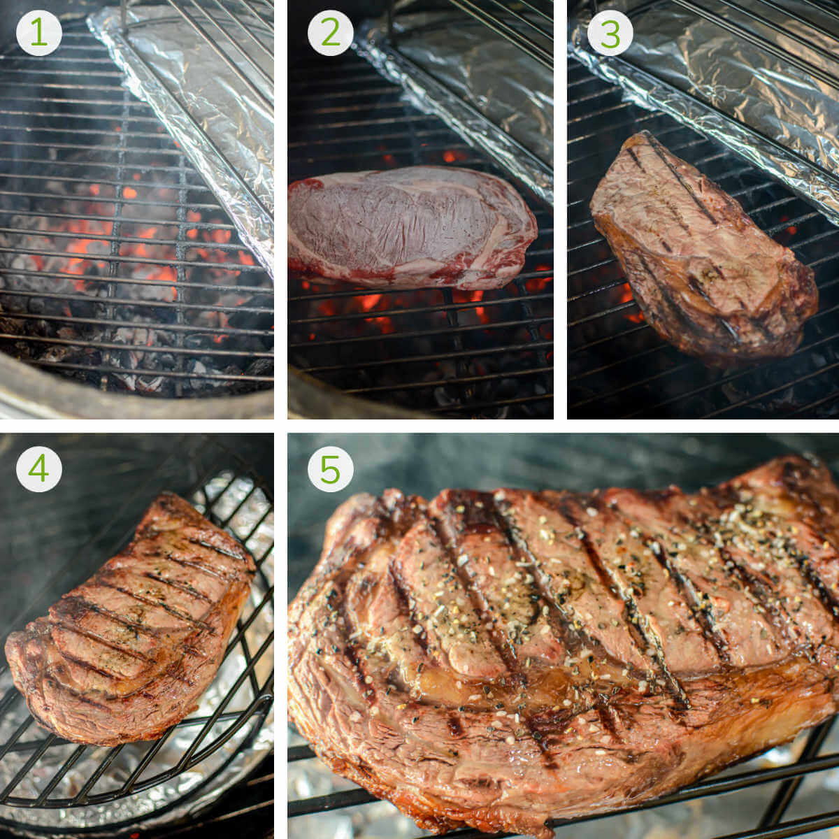 process photos showing how to set up the grill for two zone cooking, adding the frozen steak, seasoning and putting on indirect heat to finish.
