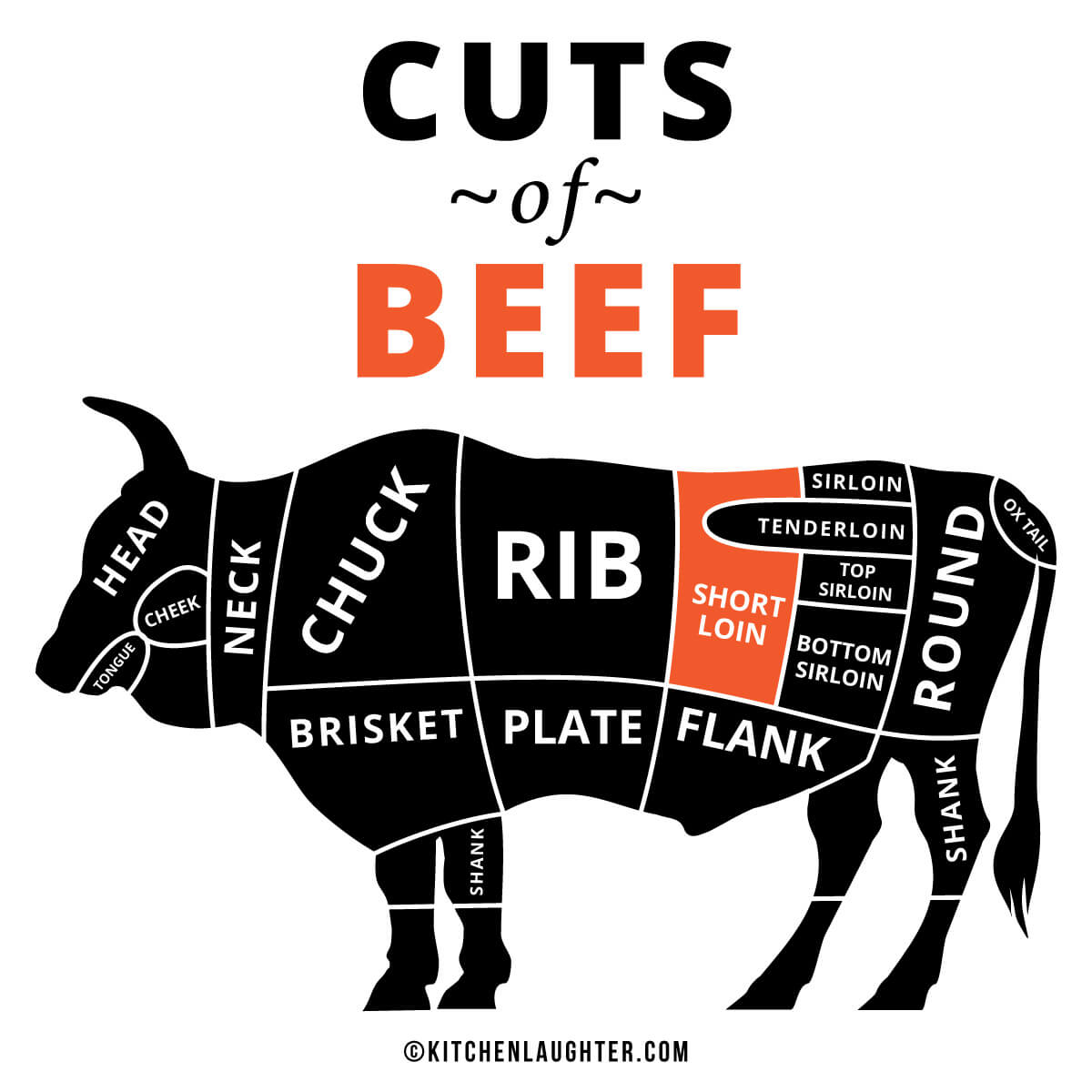 Graphic of a cow showing primal cuts of beef with short loin highlighted.