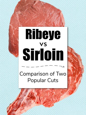 ribeye and a sirloin on a light blue background with a text box noting the comparison.