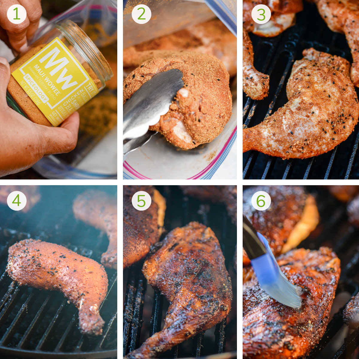 six photos showing adding the seasoning mix to a ziploc bag, adding the chicken, smoking, searing and then brushing the smoked chicken quarters with butter.