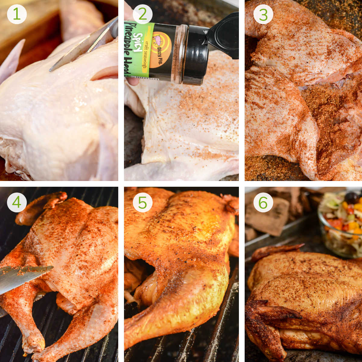 six process photos showing how to spatchcock the chicken, adding seasoning, smoking and then serving the smoked spatchcock chicken.