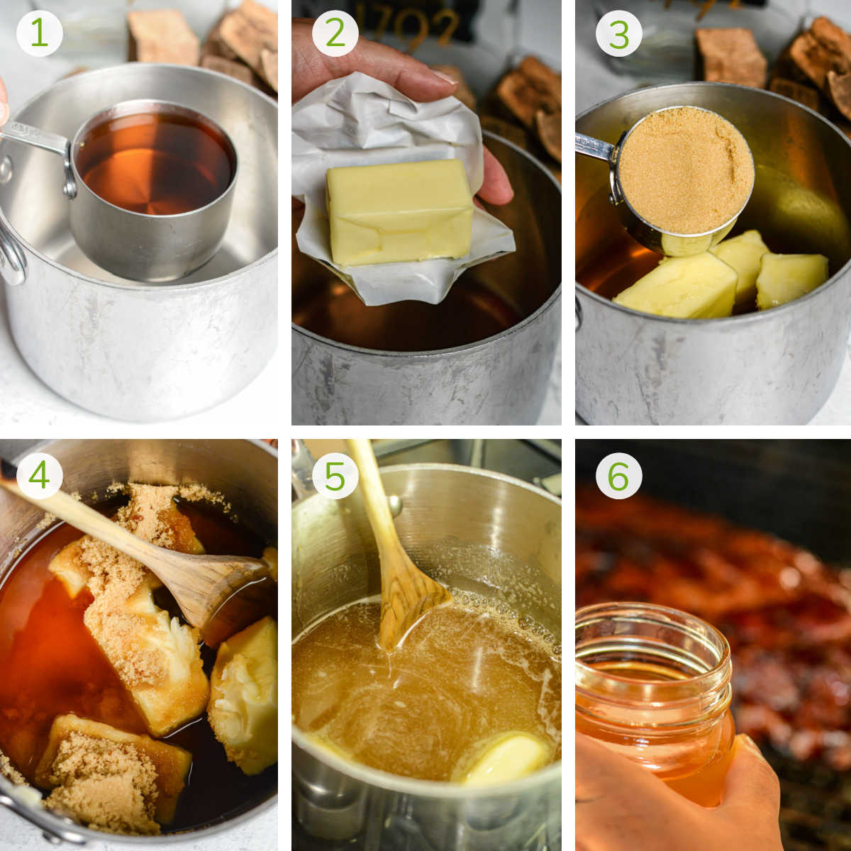 six process photos showing how to make the whiskey BBQ sauce by mixing the ingredients, stirring and simmering.