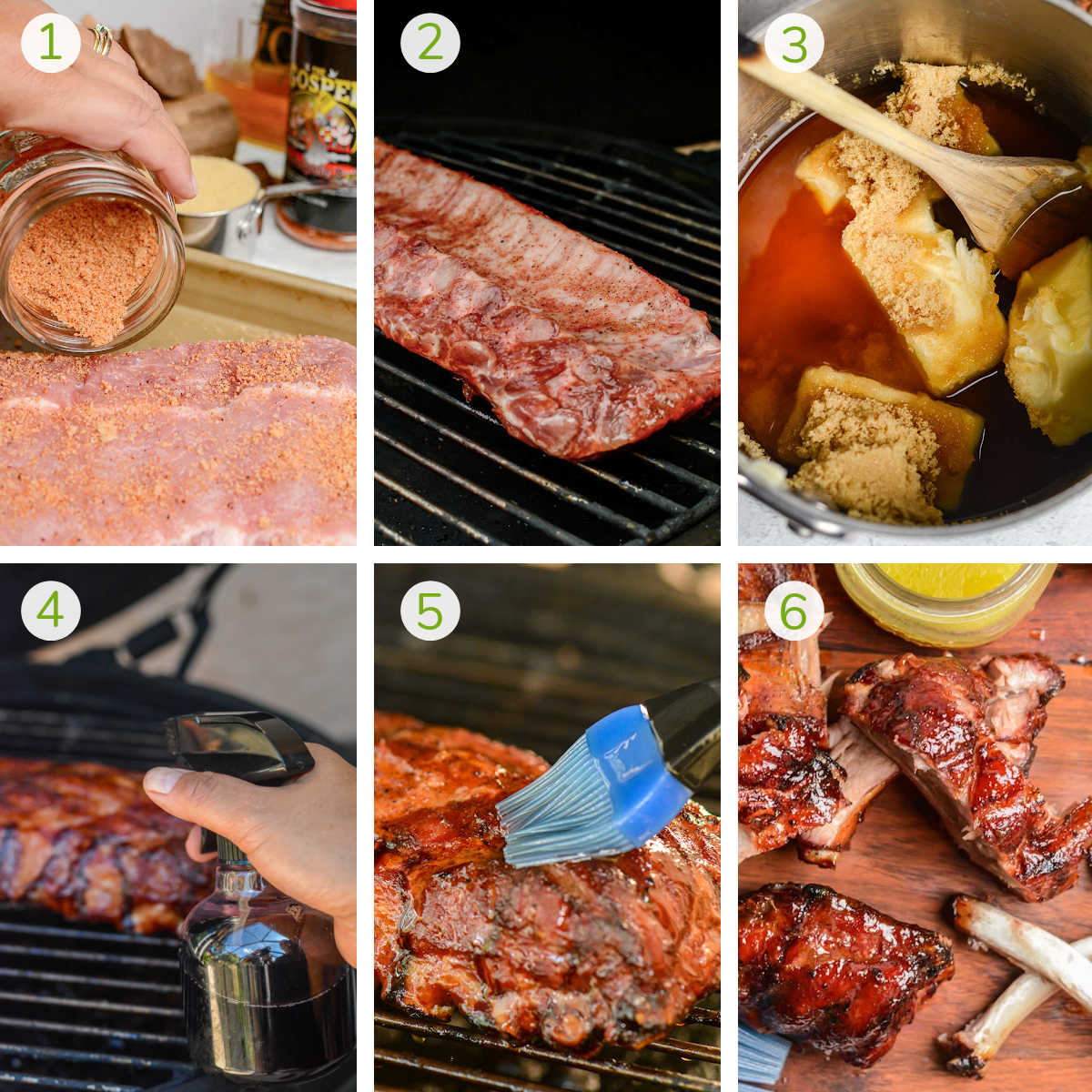 six process photos showing how to add the rub. put it in on the smoker, make the glaze, spritzing with coca cola, and brush it on the ribs with the final photo showing them chopped.