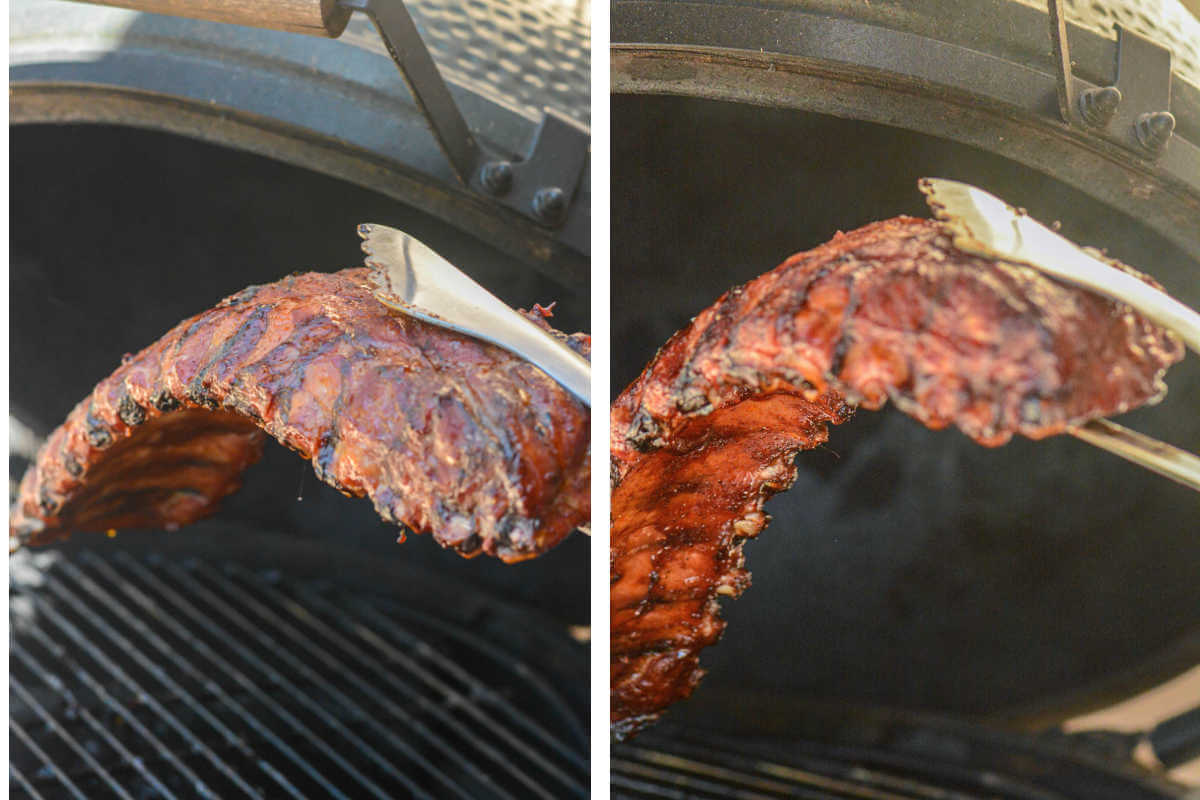 two comparison images showing how much the ribs bend to determine if they are done.