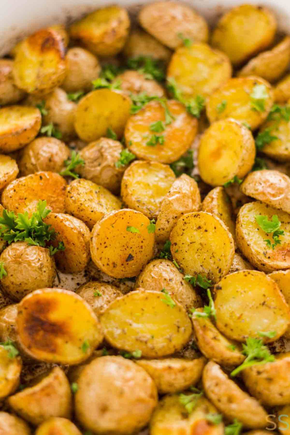 sliced potatoes roasted with herbs on top.