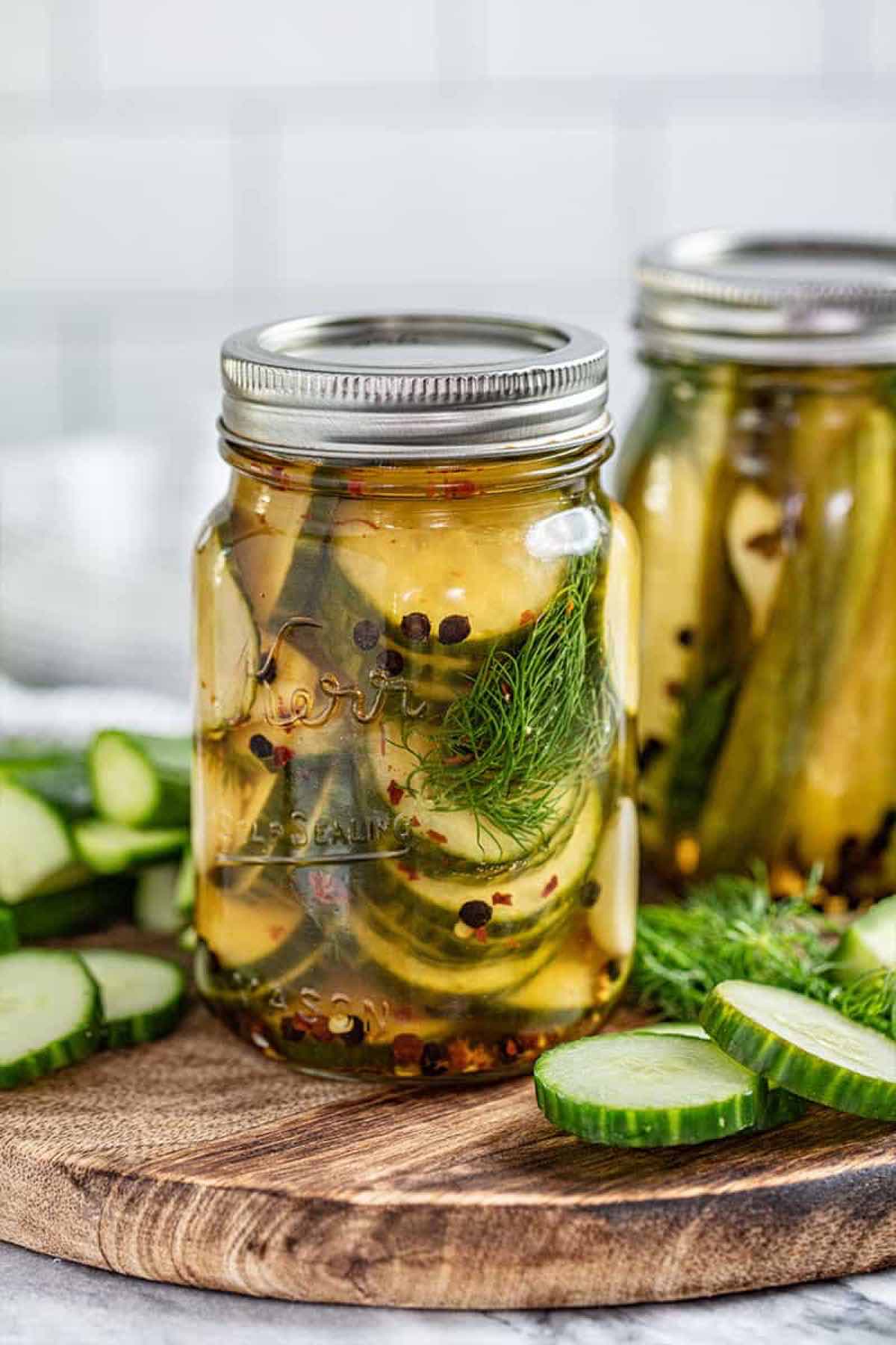 pickles in jars with spices.
