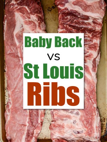 photo showing the baby back slab of ribs compared to the st louis style with a text box noting the comparison.